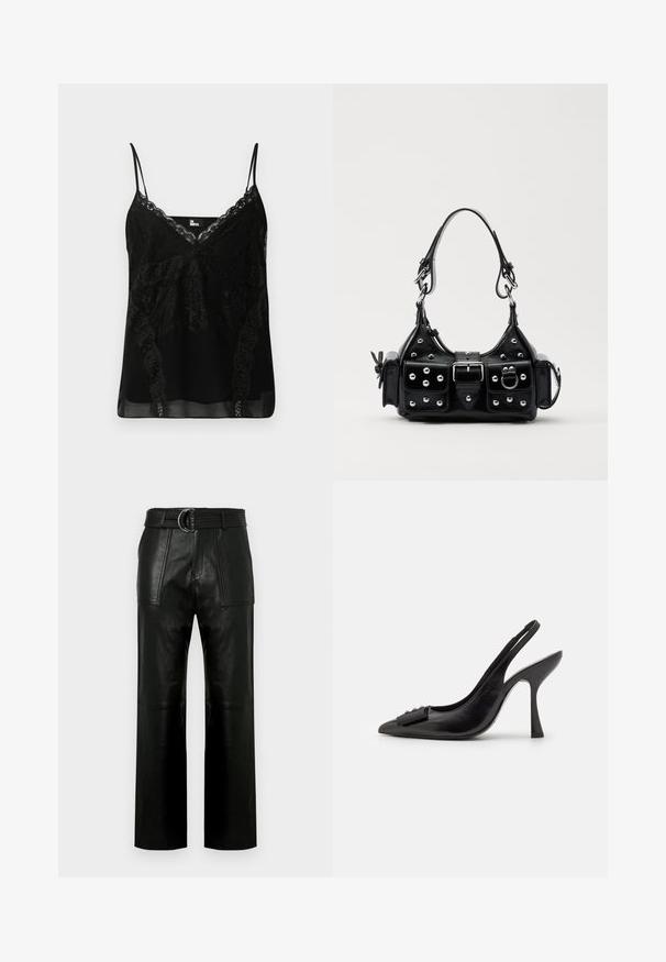 Black camisole featuring lace detailing at the neckline and sides, slim adjustable straps, and a smooth, slightly sheer body.; High-waist black leather pants with wide legs, large front patch pockets, and a matching belt with double-ring buckle.; Black leather slingback shoe with a pointed toe, slim high heel, and a decorative bow accent. Smooth texture and sleek design.; Black leather handbag with a curved design, featuring silver studs, a buckle, and two side pockets. Adjustable strap for carrying options.
