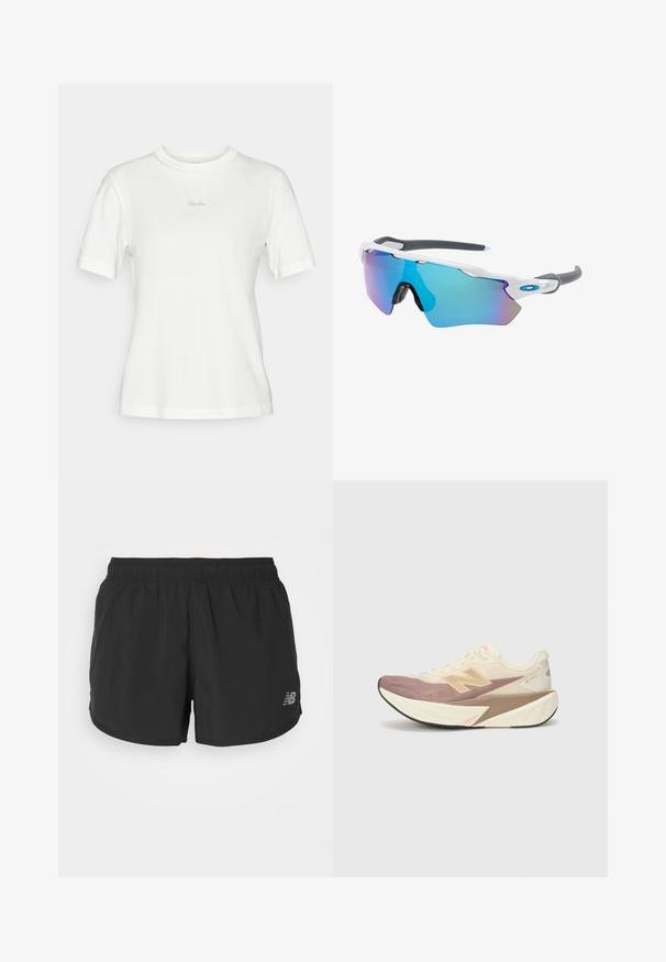 Witte T-shirt met korte mouwen, gemaakt van zachte katoen, met een ronde halslijn en een subtiel geborduurd 'Rapha' logo op de borst.; Zwarte sportshorts met een elastische tailleband, gemaakt van lichtgewicht stof. Heeft een klein grijs logo aan de rechteronderkant.; Hardloopschoen met een crèmekleurige bovenkant, roze accenten en grijze details. Voorzien van een dikke zool met een gestructureerd oppervlak en een prominent logo.; Zonnebril met een wit frame, grijze accenten en blauwe spiegelglazen. Sportief ontwerp, omhulde vorm en verstelbare neuspads.