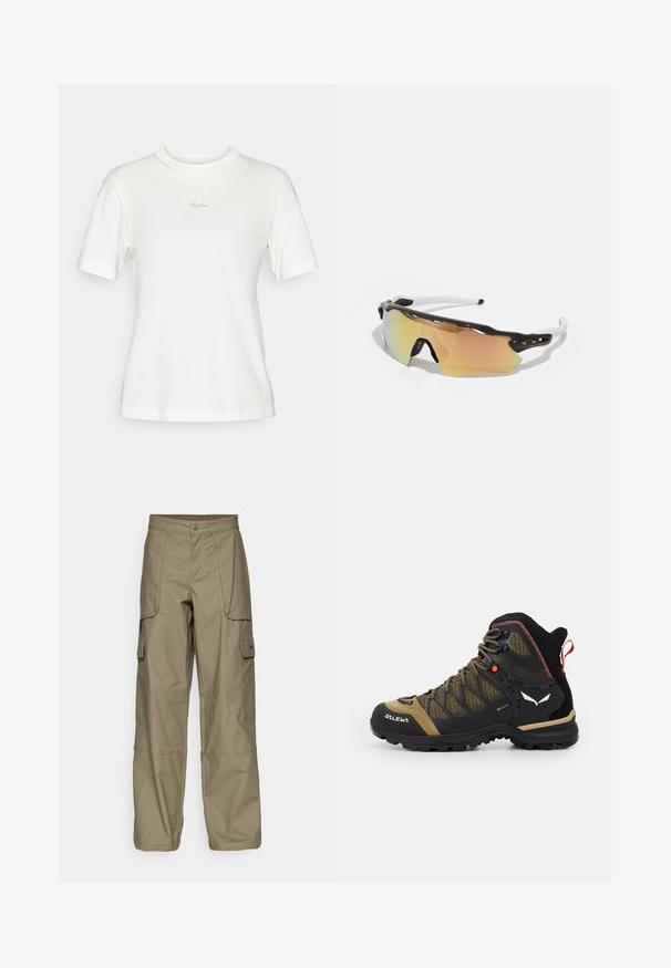 White short-sleeve t-shirt made from soft cotton, featuring a round neckline and subtle embroidered "Rapha" logo on the chest.; Cargo pants in olive green fabric, featuring a loose fit, multiple side pockets, and a button closure at the waist. Smooth texture.; Mid-height hiking boot in black and olive green, featuring a mesh upper, rubber sole, and textured accents with a rear pull tab.; Sunglasses with a black and white frame, large mirrored lenses in gold and pink hues, aerodynamic design, and an extended outer rim.