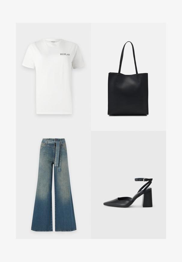 Biała bawełniana koszulka z krótkim rękawem, okrągłym dekoltem, z małym czarnym logo "REPLAY" na lewej piersi. Gładka faktura.; Szerokie spodnie dżinsowe z gradientem od jasnoniebieskiego do ciemnoniebieskiego, wysokim stanem, szlufkami na pasek oraz pasującym paskiem z tkaniny. Teksturowany wykończenie dżinsu.; Czarne skórzane czółenka z ostrym noskiem, z paskiem na kostce i grubym obcasem. Gładka faktura, elegancki design i minimalistyczna estetyka.; Czarna skórzana torba tote o gładkiej fakturze, prostokątnym kształcie i dwóch długich uchwytach. Brak widocznych elementów metalowych i ozdób.