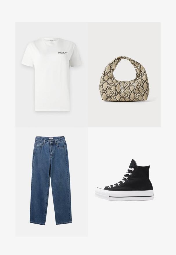 Hvid bomulds T-shirt med korte ærmer, rund hals, med et lille sort "REPLAY" logo på venstre brystområde. Glat tekstur.; Klassiske blå denimbukser med lige ben, fem lommer og knaplukning. Har en medium vask og en robust tekstur.; Højtop sort lærredssko med hvide øjetter, snørebånd og gummisål. Har en tekstureret tåhætte og sorte og hvide stribe-accenter.; Slangeprint håndtaske med et buet håndtag. Lavet af strukturerede, beige og brune materialer, med et karakteristisk diamantmønster.