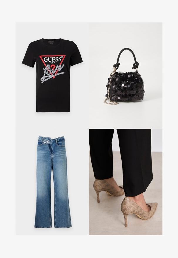 Svart bomull T-skjorte med en rød trekantlogo med "GUESS U.S.A." og en krystallbesatt "Love"-tekstdesign i hvitt. Korte ermer.; Lyseblå denim flared jeans med høy midje, med to knapper og frontlommer. Stoffet har en falmet tekstur med subtile variasjoner.; Beige høyhælte sko med teksturert stoff som har et gjentatt mønster. Spiss tådesign med bakdetalj og gullhelsjekk.; Svart paljettmini-veske med en knyttet teksturert stropp og sølvkjede. Rund form med samlet topp og reflekterende detaljer.