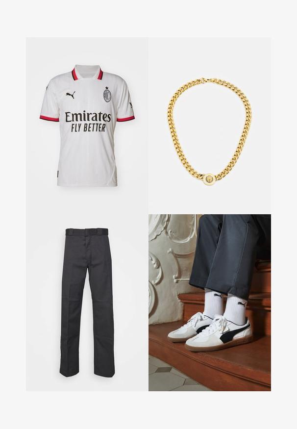 Balta futbolo marškinėliai, pagaminti iš sintetinio audinio, su apykakle raudonais akcentais, juodu logotipo detalizavimu ir vertikaliomis juostelėmis.; Juodos kelnės, pagamintos iš patvarios medžiagos, su tiesiais kaire, juosmeniu su diržo kilpomis ir siūlėmis, suteikiančiomis tekstūrą.; Puma sportbačiai baltoje ir juodoje zomšo spalvų derinys, su rudu guminio pado apdaila. Derinama su baltais kojiniais, kuriuose pavaizduota juoda logotipas, dėvimi su tamsiomis kelnėmis.; Auksinė grandinė su dideliais susijungusiais žiedais, centruje uždedamas apskritas pakabukas su iškilnia emblema.