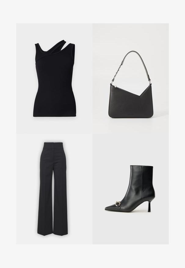 Black ribbed tank top with an asymmetric design featuring one strap crossing over the shoulder. Smooth texture and fitted shape.; Wide-leg trousers in black fabric with a high waistband, featuring a clean finish and smooth texture. No visible hardware or patterns.; Black leather ankle boot with pointed toe, slim mid-height heel, and silver buckle detail on side against plain background.; Black leather handbag with a triangular shape, a slim strap, and silver hardware. Features a zip closure and embossed logo on the front.