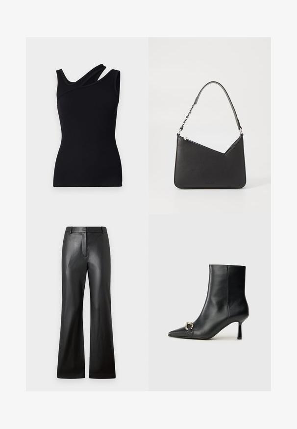 Schwarzes, geripptes Tanktop mit asymmetrischem Design, das einen Riemen hat, der über die Schulter verläuft. Glatte Textur und figurbetonte Form.; Schwarze Lederhosen mit glatter Textur, weit geschnittenem Design und mid-rise Bund mit Gürtelschlaufen und Fronttaschen.; Schwarze Leder-Stiefelette mit spitzer Zehe, schlankem, mittelhohem Absatz und silberner Schnalle seitlich vor einem schlichten Hintergrund.; Schwarze Lederhandtasche in dreieckiger Form, mit schmalem Tragegurt und silbernem Zubehör. Sie verfügt über einen Reißverschluss und ein geprägtes Logo auf der Vorderseite.