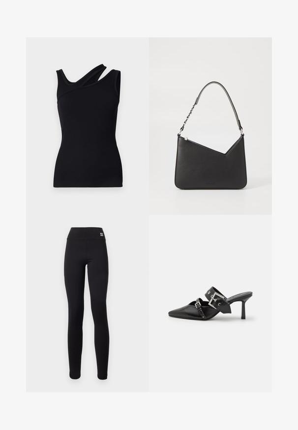 Mustat ribbipintaiset tank topit, joissa on epäsymmetrinen muotoilu ja yksi olkaimen ylittämällä olkapään. Sileä pinta ja tiukka muoto.; Mustat legginsit, joissa on korkea vyötärö ja valkoinen "HUGO" -logo. Valmistettu sileästä ja joustavasta materiaalista, suunniteltu mukavaksi ja hyvin istuvaksi.; Musta korkeakorkoiset mokkasiinit, joissa on terävä kärki ja sileä nahka. Varustettu leveällä nilkkahihnalla, jossa on neliönmuotoinen hopea solki ja niittejä.; Musta nahkakäekott kolmnurga kujuga, peene rihmaga ja hõbedaste detailidega. Omab lukuga sulgemist ja esiküljel on reljeefne logo.