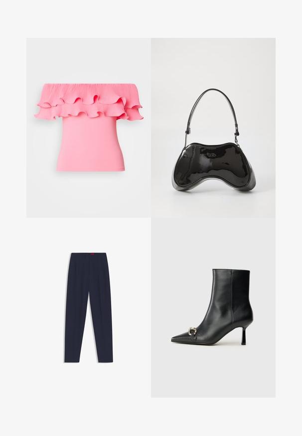 Lyserød off-the-shoulder top med plisseret flæsehalset og tætsiddende pasform. Glat tekstur med en livlig farve og svajende design.; Mørkeblå skræddersyede bukser med en glat tekstur, der har forkantede folder og sidelommer. Lige ben design uden synlige udsmykninger.; Sort læder ankelstøvle med spidse tæer, slank hæl i mellemhøjde og sølvspænde detaljer på siden mod en ensfarvet baggrund.; Sort patentlæder håndtaske med en unik buet form, kort justerbar hank og en lynlåslukning i toppen. Glat tekstur med diskret branding.