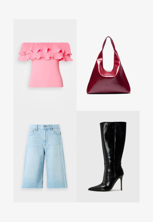 Rosa avtagbar topp med plisserad volangkrage och åtsittande kropp. Slät textur med en livlig färg och flödande design.; Lyseblå denimshorts med løs passform, frynset kant, fem lommer og metallbeslag. Klassisk jeansdesign med subtil falming.; Sorte skinnkne-høye støvler med spiss tå og høye stiletthæler. Glatt tekstur og elegant design, med minimal detaljering.; Rød, blank lærveske med en trekantet form, bred åpning på toppen og et enkelt buet håndtak. Glatt tekstur med minimale sømdetaljer.; Sett med sølvringer som har forskjellige design: hoops, stift og hengende stiler, med kuleakenter og spisse detaljer.