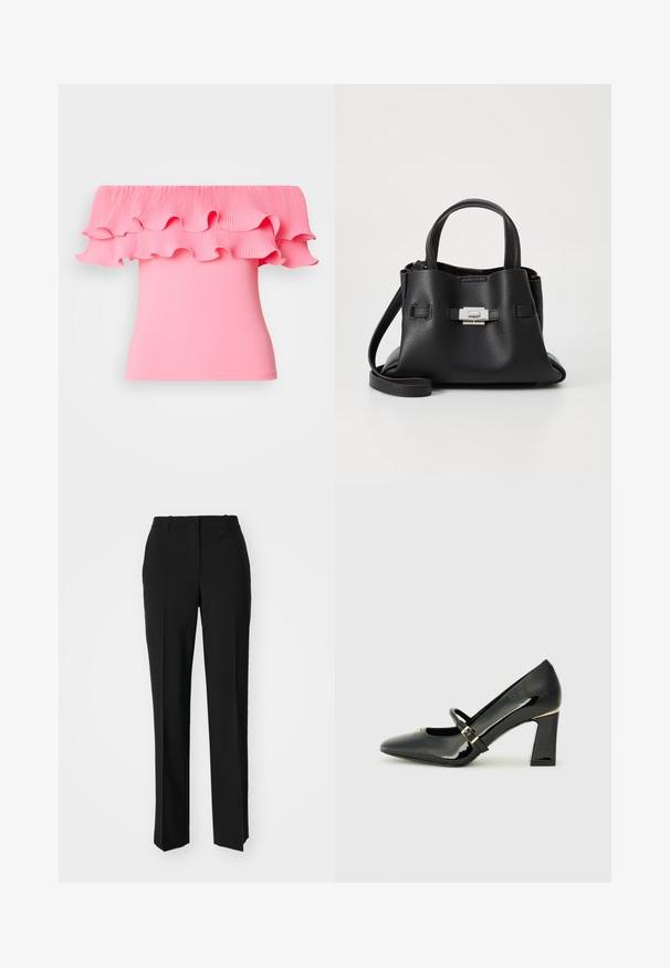 Pink off-the-shoulder top featuring a pleated ruffled neckline and fitted body. Smooth texture with a vibrant color and flowing design.; Black tailored trousers with a straight-leg design, featuring a smooth texture and crisp creases along the front. No visible hardware.; Black patent leather high heel shoe with a pointed toe, ankle strap, and gold accent at the heel. Square block heel design.; Black leather handbag with a textured finish, featuring two top handles, a detachable shoulder strap, and a silver clasp detail.