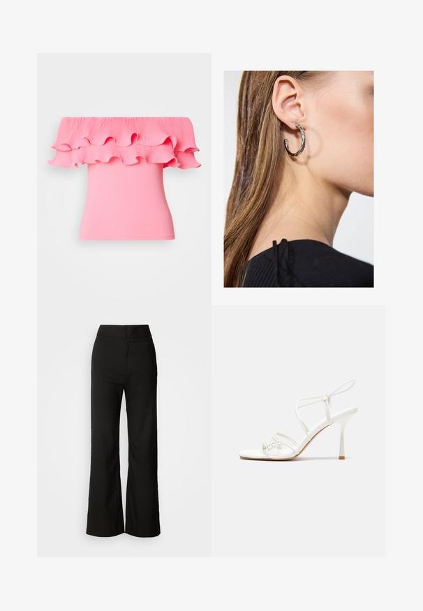 Różowa bluzka bez ramiączek z plisowanym, falbaniastym dekoltem i dopasowanym krojem. Gładka tekstura, żywy kolor i zwiewny fason.; Czarne spodnie z szerokimi nogawkami o gładkiej fakturze, wysokim stanie i minimalistycznym designie. Brak widocznych kieszeni i zdobień.; Białe sandały na wysokim obcasie z paskami, z płaską bazą na palcach, teksturowanym przodem z marszczonymi akcentami oraz cienkim paskiem na kostce.; Srebrny kolczyk w kształcie koła z polerowanym wykończeniem, z małymi złotymi akcentami, noszony na płatku ucha.