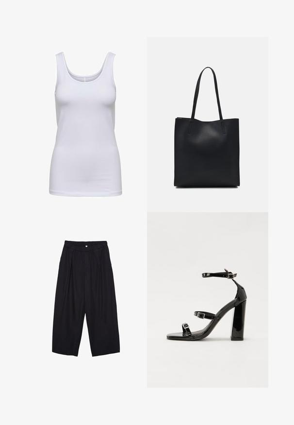 Witte tanktop, gemaakt van zachte stof, heeft een ronde halslijn, een slim fit en geen zichtbare patronen of accenten.; Zwarte polyester culottes met een elastische tailleband, twee voorkreukels en een losse pasvorm. Geen zichtbare patronen of hardware-details.; Zwarte gepatenteerde sandalen met hak en een vierkante neus, enkelbandjes en zilveren gespen. Heeft een stevige blokhak voor stabiliteit.; Zwarte leren handtas met een gladde textuur, rechthoekige vorm en twee lange handvaten. Geen zichtbare hardware of versieringen.