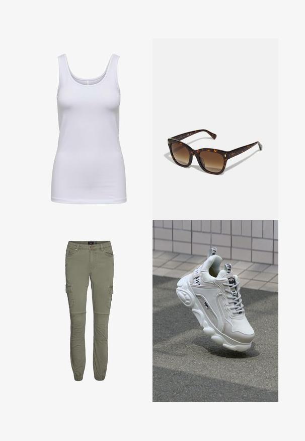 Hvid tanktop, lavet af blødt stof, har en dyb rund halsudskæring, slim fit og ingen synlige mønstre eller accenter.; Olivengrønne cargo bukser i en slidstærk bomuldsblanding med tætsiddende manchetter, flere lommer og knæfold for øget bevægelighed.; Hvide sneakers med mesh- og lædermaterialer, rund tå, tyk sål, fremtrædende snørebånd og branding på hælen og tungen.; Skildpaddemønstrede firkantede solbriller med gradientbrune linser, der har guldakcenter på stængerne og en tykk, blank ramme.
