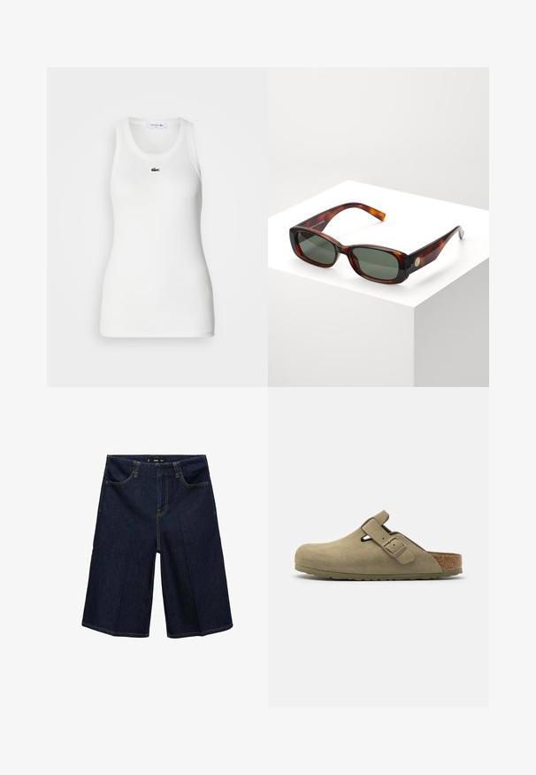 Camiseta sin mangas blanca con escote redondo y textura acanalada. Presenta un pequeño logo de cocodrilo verde de Lacoste en el pecho.; Bermudas de denim azul oscuro con un ajuste relajado, que cuentan con dos bolsillos frontales, costuras amarillas y una cinturilla con lazos para cinturón.; Zueco de ante oliva con punta redonda, correa ajustable, plantilla de corcho y suela de goma texturizada, con un acabado suave y detalle de corte.; Gafas de sol rectangulares de carey con lentes verdes. Montura ancha, acabado suave, detalle dorado en el lateral y patillas delgadas.