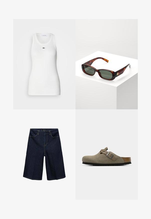 Biela bezrukávová tielko s okrúhlym výstrihom a rebrovanou textúrou. Na hrudi má malú zelenú kroko logo Lacoste.; Tmavomodré deninové bermudy s uvoľneným strihom, obsahujúce dve predné vrecká, žlté švy a pás s pútkami na opasok.; Semšové dreváky v svetlej olivovej farbe s tvarovanou korkovo-gumenou podrážkou. Obsahujú bočný remienok s kovovou prackou a zaoblenú špičku.; Slnečné okuliare v štýle korytnačky s obdlžníkovým rámom a zelenými šošovkami. Široký rám, hladký povrch, zlatý akcent na boku a tenké nosiace ramienka.