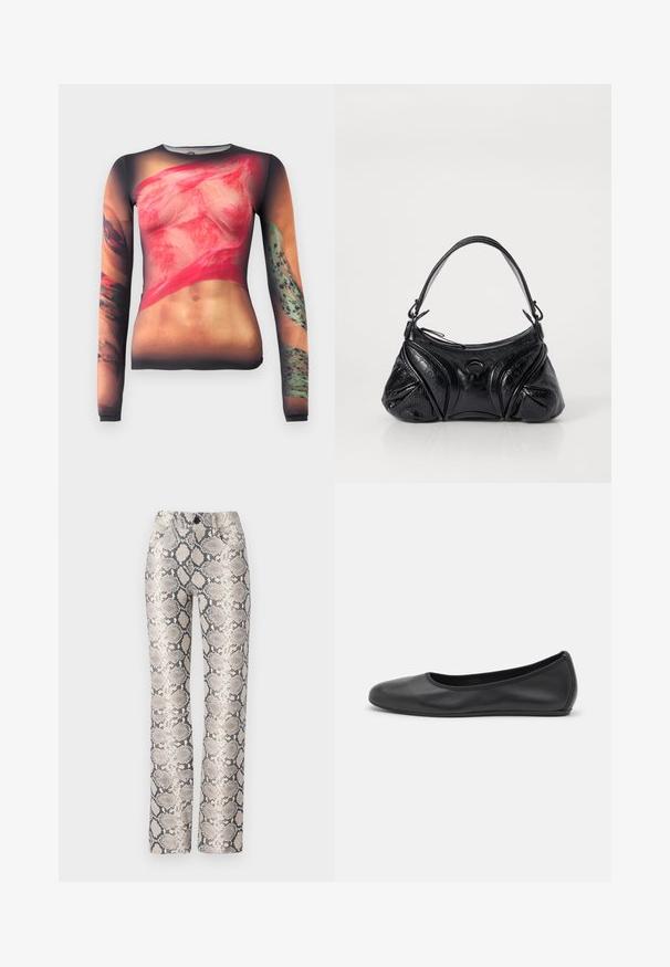 Long-sleeve top featuring a photographic print of skin and fabric textures in red and green tones, with tattoo designs on the arms.; Snake-print trousers in a beige and gray color scheme. Straight-leg design with a textured finish and front pockets. Features a button closure.; Black leather ballet flat with a rounded toe, smooth texture, minimal stitching detail, and a flexible sole design.; Black handbag made of textured leather with a rounded shape. Features a thin shoulder strap and decorative embossed patterns.