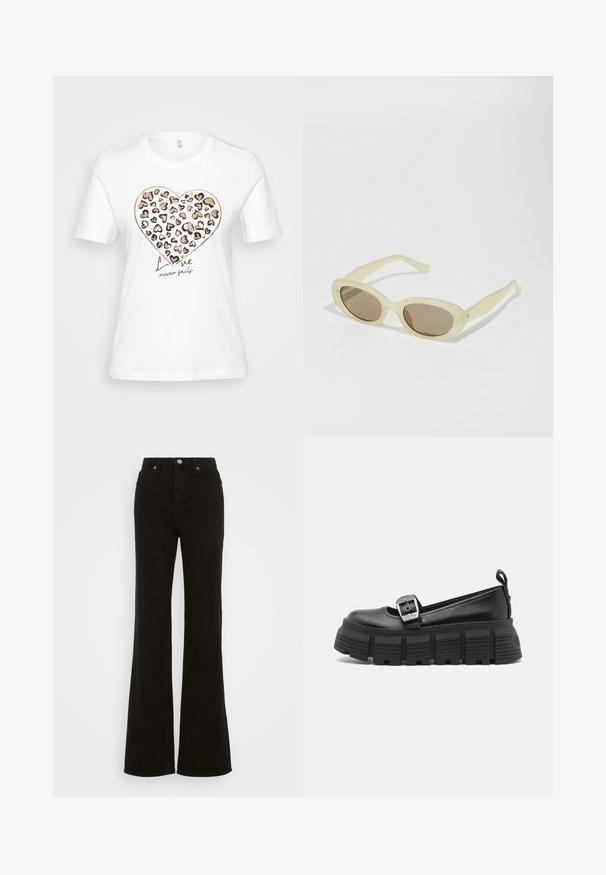 White cotton t-shirt featuring a heart graphic with a leopard print pattern in pink, orange, and black, and the text “Love never fails” below.; High-waisted black flared jeans made of denim, featuring a button closure, side pockets, and a smooth texture.; Black platform loafers with a rounded toe, smooth leather upper, adjustable buckle, and textured rubber sole featuring horizontal ridges.; Oval sunglasses with a translucent pale yellow frame and brown lenses. Features smooth texture and subtle hardware accents on the sides.