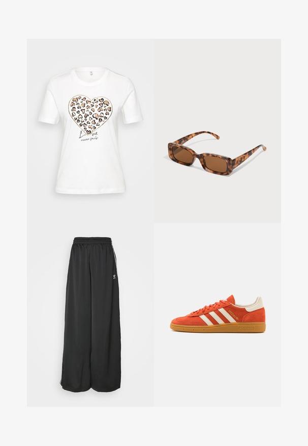 Tricou alb din bumbac cu un grafic în formă de inimă, având un model cu imprimeu de leopard în roz, portocaliu și negru, și textul „Iubirea nu eșuează niciodată” dedesubt.; Pantaloni de trening negri, cu croială lejeră, dintr-un material neted. Dispun de o talie elastică și dungi laterale cu accente ale logo-ului.; Tenisi din suede portocaliu cu accente din piele albă, având trei dungi albe și o talpă din cauciuc de tip gumă. Logo-ul "Spezial" este prezent pe limbă.; Ochelari de soare cu rama țestoasă, cu lentile rectangulare maro, o ramă groasă și brațe subțiri, prezentând un model cu nuanțe variate de maro.