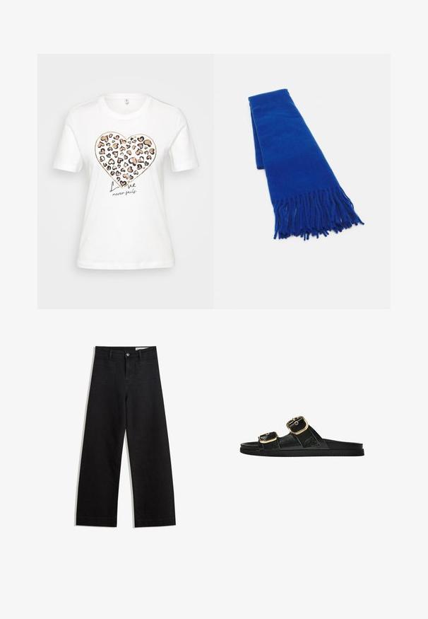 Bijela pamučna majica s grafikom srca koja ima uzorak leopardnog printa u ružičastoj, narančastoj i crnoj boji, te tekstom "Ljubav nikad ne propada" ispod.; Crne široke traperice s visokim strukom, s prednjim i stražnjim džepovima, šivenim šavovima i kopčanjem na gumb. Glatka tekstura.; Crne sandale na klizanje s dva zlatna akcenta u obliku kopči, glatkog teksturiranog materijala, ravnim potplatom i minimalističkim dizajnom.; Plavi tkanani šal s resama na krajevima, glatke teksture, pravokutnog oblika i ujednačene boje. Pogodan za hladno vrijeme.