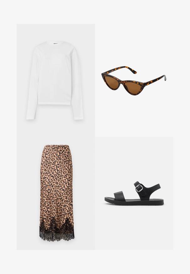 T-shirt blanc à manches longues en coton, avec un col rond et une coupe cropped. Design uni sans motifs ni accents.; Jupe midi en imprimé léopard faite d'un tissu lisse, avec un ourlet en dentelle noire, présentant une coupe en A et une taille ajustée.; Sandale noire avec une semelle plate, boucle réglable, deux larges sangles et texture lisse, conçue pour le confort et la facilité d'enfilage.; Lunettes de soleil style œil de chat avec une monture en écaille de tortue noire et orange, verres marron et pointes effilées et élégantes. Présente un logo minimaliste sur la branche.