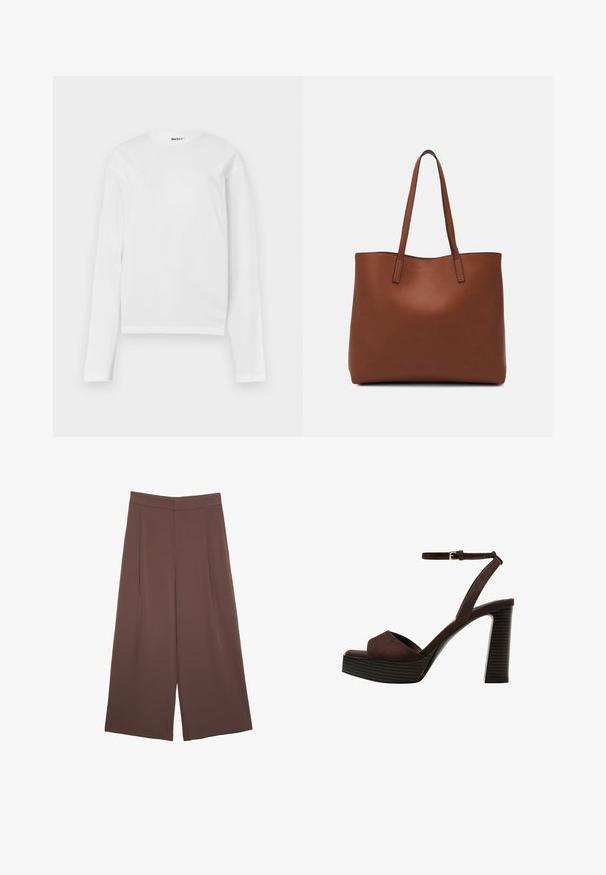 Weißes Langarm-T-Shirt aus Baumwolle mit einem runden Ausschnitt und einem cropped Schnitt. Schlichtes Design ohne Muster oder Akzente.; Braune Weite-Leg-Hosen mit einer glatten Textur, hoher Taille und Vorderfalten. Der Stoff ist leicht und fällt locker.; Braune Wildleder-Pumps mit offenem Zeh, verstellbarem Knöchelriemen und gestreiftem Plateausohlen.; Braune Leder-Tote mit glatter Textur, offenem Oberteil und zwei Schulterriemen. Verfügt über minimale Nähte und keine sichtbaren Beschläge.