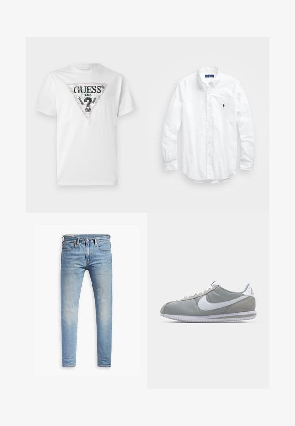 White cotton t-shirt featuring a black and colorful triangle logo with text. Short sleeves and a round neckline, smooth texture.; White long-sleeve button-up shirt in cotton. Features a classic collar, button cuffs, and a small navy embroidered logo on the chest.; Light blue slim-fit jeans with slight fading on thighs, front button closure, belt loops, and five-pocket styling on a white background.; Gray athletic shoe with a suede and textile upper, white Nike swoosh, and white laces. Features a textured rubber sole and padded collar.