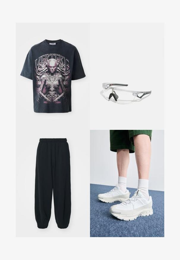 Must mustvalge graafiline T-särk, mis on valmistatud puuvillast, esitleb suurt roosa ja valget kujundust inimsarnase figuuriga, millel on keerukad detailid ja tekst "VERTERE."; Mustade elastse vöökoha ja laia lõikega dressipüksid, mansetiga sääred, sile tekstuur ning ilma nähtavate mustrite või detailideta.; Valged sportsijalatsid tekstuursete pealsete, kopsaka tallaga ja hallide aktsentidega. Kanda valgete lühikeste sokkidega ja roheliste lühikeste pükstega sinisel pinnal.; Selged ohutusprillid kerge, läbipaistva raami ja hallide aktsentidega. Omab ümbritsevat disaini ja reguleeritavat ninatükki.