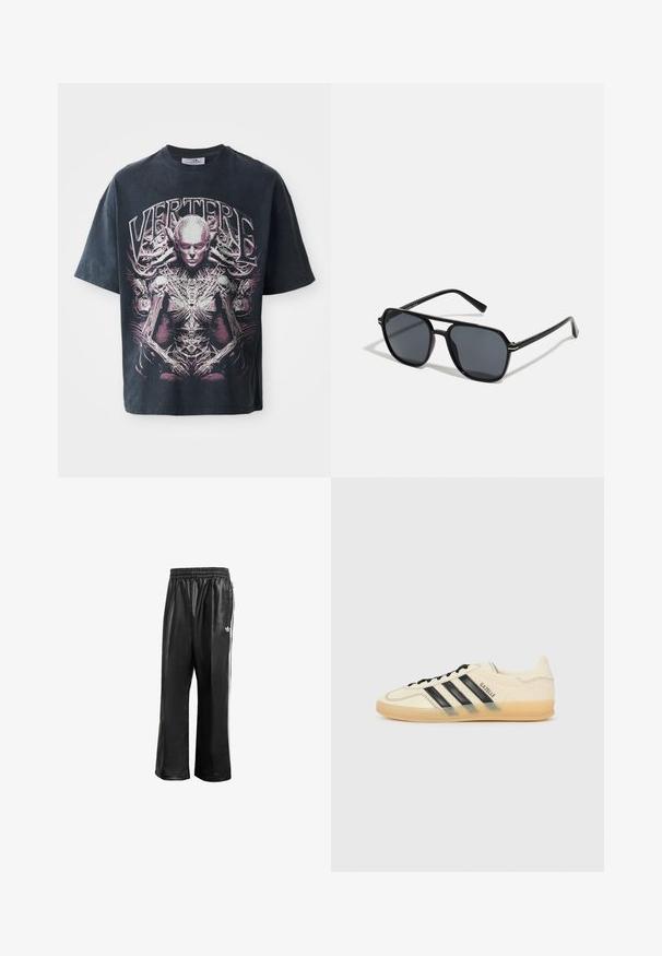 Melnas grafiskās t-krekls, kas izgatavots no kokvilnas, ar lielu rozā un balto dizainu, attēlojošu humanoīdu figūru ar sarežģītām detaļām un tekstu "VERTERE."; Melnas sintētiskas sporta bikses ar elastīgu jostasvietu, ar baltām sānu svītrām un mazu baltu logo kreisajā gurnā.; Gaiši krēms sporta apavi ar melnu trīs svītru dizainu, teksturētu augšējo daļu, noapaļotu purngaliem un gumijas zoli. Iespējas ietver auklas un zīmolu sānos.; Melnas saules brilles ar astoņstūra rāmī, tumšiem stikliem, spīdīgu apdari, plānām kājām un zelta akcentiem priekšpusē.