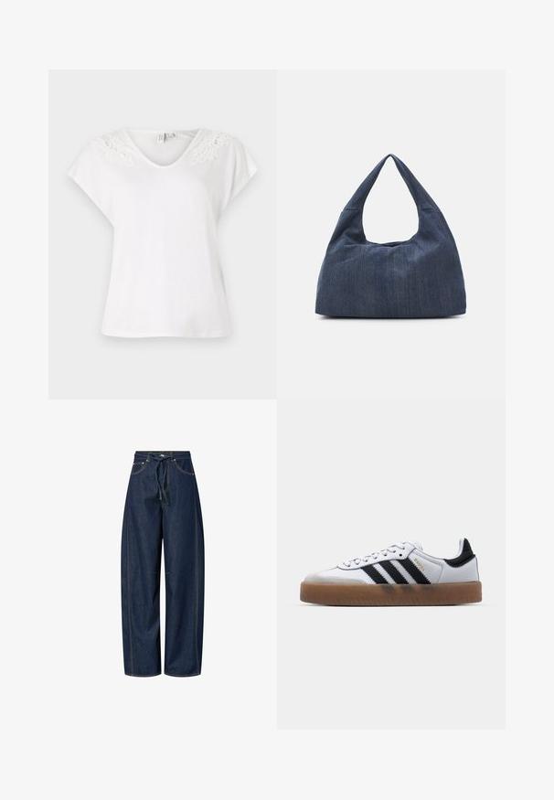 Bílý krátký rukáv tričko s výstřihem do V a krajkovými detaily na ramenech, vyrobené z lehkého materiálu, se volným střihem.; Široké denimové kalhoty v tmavě modré barvě s pasem na šňůrku, kontrastním prošíváním a dvěma předními kapsami. Hladká textura, uvolněný střih.; Bílé kožené tenisky s černými pruhy, gumová podrážka, kulatá špička, šněrovací uzávěr a měkký šedý semišový kryt špičky.; Tmavě modrá džínová taška se soft, volným tvarem, vybavená uchem v hobo stylu a texturovaným povrchem. Žádné viditelné kovové prvky.