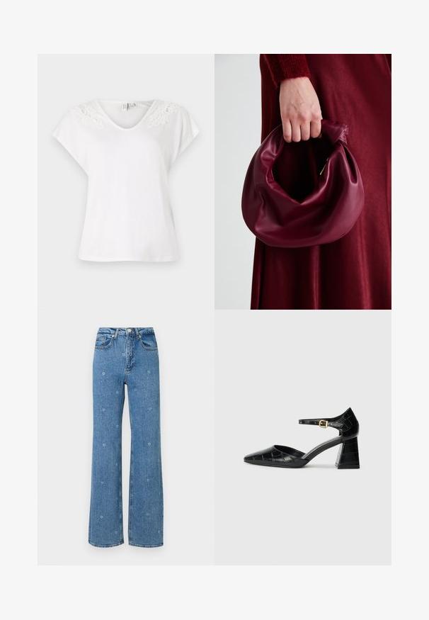 Balts īsām piedurknēm T-krekls ar V-veida kaklu un mežģīņu dekoru uz pleciem, izgatavots no viegla auduma, ar brīvu piegriezumu.; Zilas augstās vidukļa taisnās kājas džinsus ar maziem baltiem ziedu izšuvumiem, kas izkaisīti pa audumu.; Melnas patentētas ādas augstpapēžu kurpes ar norādītu pirkstu, potītes siksnu un teksturētu krokodila rakstu. Kvadrātveida bloka papēža dizains.; Burgundijas ādas rokassoma ar mīkstu, sakrautu dizainu un apaļu formu. Rokturi ir nostiprināti, parādot gludu tekstūru.