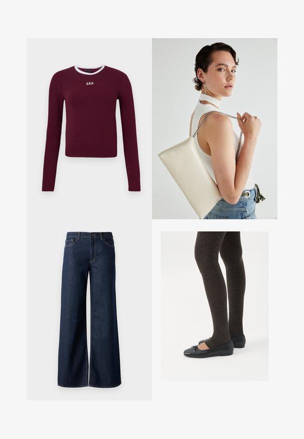 Haut long à manches maroon avec un bord-collier blanc et un logo "GAP" brodé sur la poitrine. Présente un design ajusté.; Jean large en denim bleu foncé. Présente des coutures contrastées, cinq poches et une fermeture par bouton à la taille. Texture lisse.; Chaussures plates noires avec un petit nœud au niveau des orteils, associées à des collants côtelés marron foncé. Les chaussures ont une texture lisse et un profil bas.; Pochette rectangulaire blanche en matériau brillant, avec une bandoulière en chaîne argentée. Le modèle pose en mettant en valeur le sac contre un fond uni.