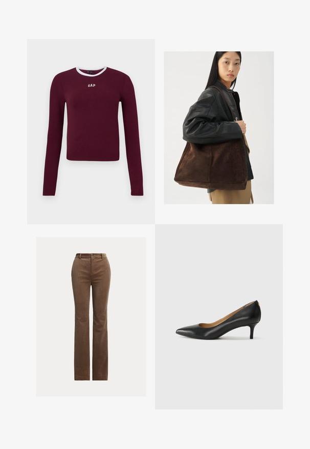 Maroon long-sleeve ribbed top with a white crew neck trim and embroidered "GAP" logo on the chest. Features a fitted design.; Brown corduroy trousers with a straight-leg design, featuring belt loops, front pockets, and subtle vertical ribbing for texture.; Black leather pump with a pointed toe, low heel, and a smooth texture. Features a slight opening at the front and minimal hardware at the back.; Brown suede tote bag with a wide shape and soft texture, featuring a single strap and minimal hardware against a neutral backdrop.