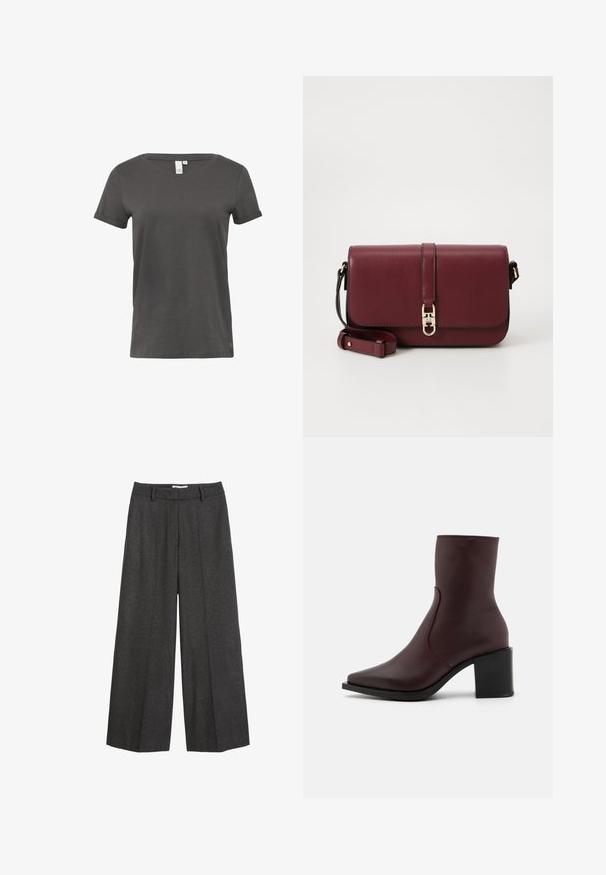Grijze korte mouwen t-shirt van zacht katoen. Heeft een ronde halslijn en omgeslagen mouwen, met een klein logo nabij de zoom.; Witte overhemd met lange mouwen, gestructureerde kraag en afgeronde zoom. Gemaakt van een gladde, effen stof zonder zichtbare patronen of accenten.; Lange broek met wijde pijpen in donkergrijze stof. Heeft een op maat gemaakte tailleband met riemlussen, een gladde textuur en minimale stiksels.; Zign LEATHER - Korte laarzen - bordeaux; Tommy Hilfiger LIBRE FLAP CROSSOVER - Schoudertas - deep rouge; Bordeaux leren portemonnee met een vouw-over ontwerp, gouden logo accent en een gladde textuur. Compact en rechthoekig van vorm.