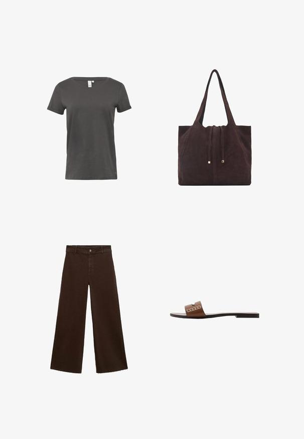 Šedé tričko s krátkym rukávom vyrobené z jemnej bavlny. Má okrúhly výstrih a zrolované rukávy, s malým logom blízko lemu.; Hnedé široké nohavice z bavlnenej zmesi, s roztrhnutým lemom, predným zapínaním na gombík a klasickým dizajnom s piatimi vreckami. Minimalistické a všestranné.; Hnedé kožené šľapky s plochou podrážkou, s širokým pásikom a bielymi geometrickými akcentmi pre minimalistický dizajn.; Mango Veľká kabelka - dark brown