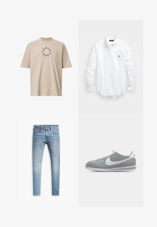 Smėlio spalvos per didelis medvilninis marškinėliai, su apvaliu tamsiai pilku grafiniu elementu, kuriame centre yra tekstas "SAINT LONDON".; Balta ilga rankovė mygtukų marškiniai iš medvilnės. Pasižymi klasikinėmis apykaklėmis, mygtukų rankogaliais ir mažuoju tamsiai mėlynu siuviniu su logotipu ant krūtinės.; Šviesiai mėlyni aptempti džinsai su lengvu nudėvėjimu šlaunyse, priekyje užsegami mygtuku, su diržo kilpelėmis ir penkių kišenių stiliumi ant baltos fono.; Pilkas sportinis batelis su zomšiniais ir tekstiliniais viršutiniais paviršiais, baltas Nike swoosh ženklas ir baltos raišteliai. Yra tekstūruotas gumos padas ir paminkštinta apykaklė.