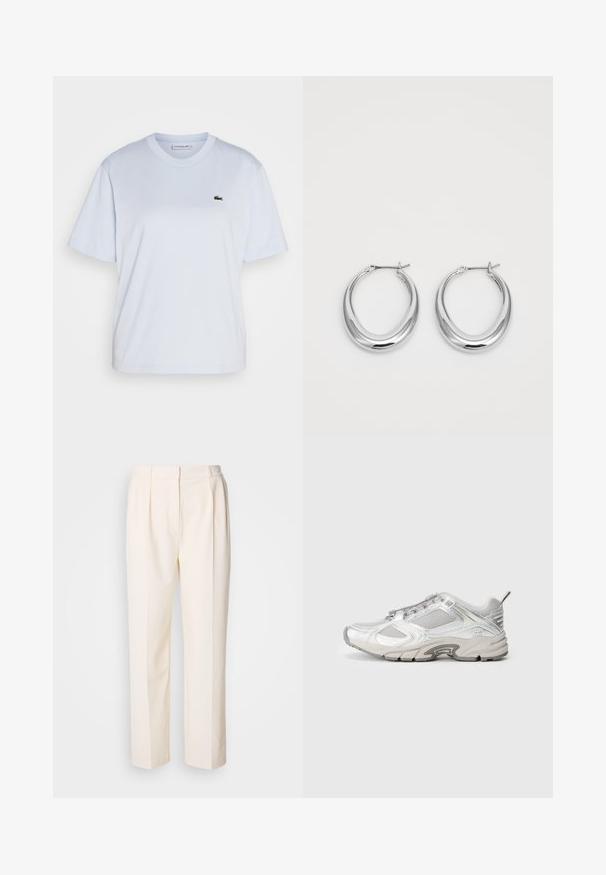 Lacoste Lihtne T-särk - phoenix blue; Lacoste Püksid - lapland; Valged võrksüdamega jooksujalatsid, metallikaktsentidega, tekstuurse pealiskihiga ja paksu tallaga. Varustatud esiseotava süsteemi ja tagumise tõmbenupuga.; Polished hõbedased kuplikuulidega kumerad kõrvarõngad, millel on hingedega klambrid, valgel taustal.