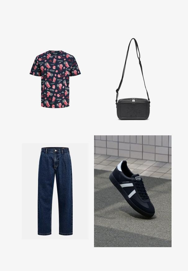 Marineblå t-shirt med kortærmer, der har røde og hvide julemotiver, herunder Julemanden, gaver og hellige tekster i forskellige design.; Mørkeblå denimjeans med lige ben-design. Har synlige syninger, en knaplukning og frontfoldninger for ekstra detalje.; Sort lædersneaker med hvide striber, tekstureret gummisål og snørrebånd foran. Har et brandet mærke på tungen.; Sort læder crossover taske med lynlåslukning, præget logo på fronten og justerbar rem. Glat tekstur med rektangulær form.