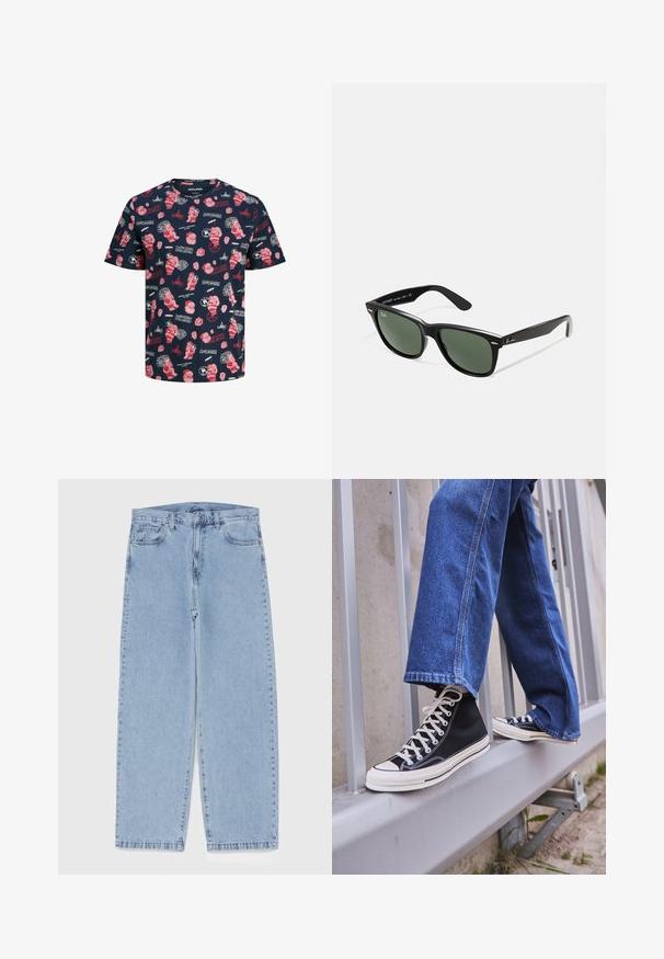 Marineblå t-shirt med kortærmer, der har røde og hvide julemotiver, herunder Julemanden, gaver og hellige tekster i forskellige design.; Lyseblå denimjeans med straight leg-design, der har en mid-rise talje, fem lommer og en lukning med knap og lynlås.; Sorte høj-top sneakers med hvid sål og snørebånd, parret med løse blå denimjeans, hvilende på et gråt gelænder.; Sorte plastiksolkaber med grønne linser, firkantede stel, sølvaccent på brynene og teksturerede templede arme. Angivet mærke på den indre arm.