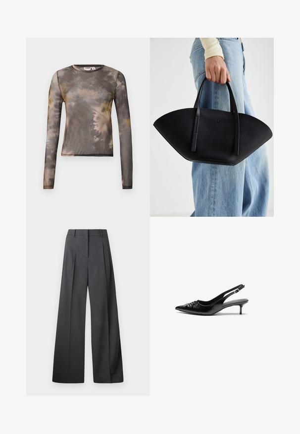 Top de malha ajustado de manga longa com padrão tie-dye, apresentando tons de cinza, amarelo e tons suaves; decote redondo e detalhes de costura mínimos.; Calças de perna larga em tecido cinza escuro, apresentando uma cintura alta, pregas simples e uma textura suave com um acabamento limpo nas bainhas.; Sapatos de salto alto slingback em couro preto, com bico fino, salto baixo tipo kitten e detalhe franzido na pala. Textura suave e design minimalista.; Bolsa de mão em couro preto com uma forma única em leque, apresentando alças planas. A superfície tem uma textura pebble e um design minimalista.
