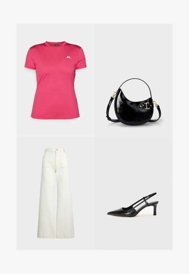 Rosa treningstrøye laget av glatt, pustende stoff. Har korte ermer, rund hals og en liten hvit logo på brystet.; Vidde bukser i off-white denim. Høyt liv-design med knappelukking, to frontlommer og kontrastsøm detaljer.; Sorte patent slingback hæl med spids tå, featuring tekstureret slangeskind, justerbar rem og en kort, tekstureret blokhæl.; Svart patentlærveske med buet form, justerbar stropp og detalj i gulltone på siden. Glatt, blank tekstur.