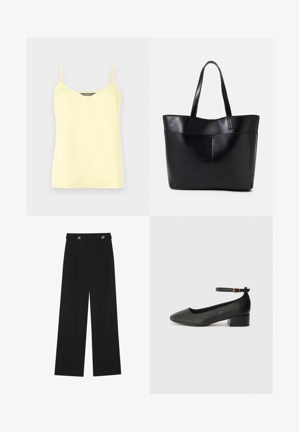 Yellow camisole with thin adjustable straps, v-neckline, and a smooth texture. Simplistic design with no patterns or accents.; Black wide-leg trousers with high waist, button details on waistband, and front pleats.; Black leather pump with a pointed toe and a low block heel. Features an ankle strap with a gold-tone buckle. Smooth texture.; Black leather tote bag with two long handles, a smooth texture, and a structured shape. Features a front pocket for additional storage.