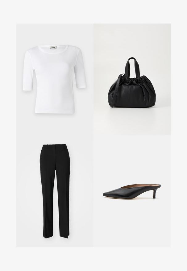White ribbed T-shirt with a round neckline and elbow-length sleeves. Made of soft material with a smooth texture. Tag visible at the neckline.; Black tailored trousers with a straight-leg design, featuring a smooth texture and crisp creases along the front. No visible hardware.; Black leather mules with a pointed toe and low, block heel. Smooth texture with a sleek design. Open back with minimal detailing.; Black leather handbag with a gathered top design, featuring two short handles and a long adjustable strap. Smooth texture, rounded shape.