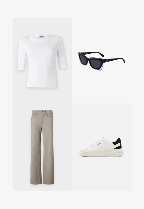 Witte geribde T-shirt met een ronde halslijn en ellebooglange mouwen. Gemaakt van zacht materiaal met een gladde textuur. Label zichtbaar bij de halslijn.; Brede broekspijpen in een lichtgrijze, gestructureerde stof met een gladde afwerking. Voorzien van een knoopsluiting en een ontwerp met vijf zakken.; Witte leren sneakers met een dikke witte zool, zwarte suède hielaccent en een geperst logo op de zijkant. Vetersluiting met zes oogjes.; Zwarte oversized zonnebril met een geometrische vorm, voorzien van donkere glazen en een contrasterend grijs detail op het montuur. Logo op de arm.