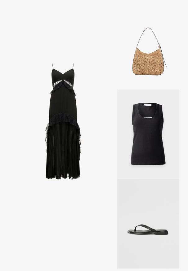 Črna brezrokavna majica iz rebraste tkanine, s širokim izrezom in majhnim izrezom spredaj za dodatno oblikovanje.; Črna maxi obleka s spaghetti naramnicami, čipkastimi detajli, plastenimi volani na pasu in nabranim krilom. Gladka tekstura, eleganten silhueta.; Črne japanke iz gladke usnjene materiale, z tankim trakastim dizajnom in ravnim podplatom minimalnega profila. Brez opaznih vzorcev ali dodatkov.; Tkanina iz slame za ramensko torbico s ukrivljeno obliko, ki ima temno usnjeno naramnico in teksturo s chevron vzorcem.