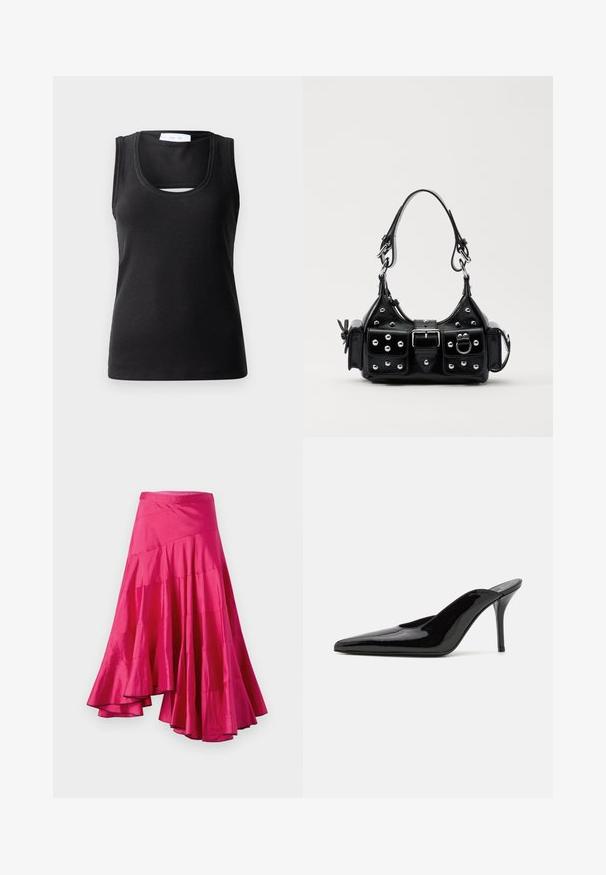 Crna bezrukavna majica od rebraste tkanine, s udubljenim dekolteom i malim izrezom sprijeda za dodatni dizajn.; Satin suknja u magenta boji s lepršavim rubom, koja ima slojevite panele i asimetrični dizajn. Glatka tekstura i dužina do sredine bedara.; Crne lakirane kožne visoke potpetice mule s šiljastim prstom i elegantnom siluetom, s otvorenom poleđinom i vitkom stiletto potpeticom.; Crna kožna torba s zakrivljenim dizajnom, koja sadrži srebrne zakovice, kopču i dva bočna džepa. Podesiva traka za različite opcije nošenja.