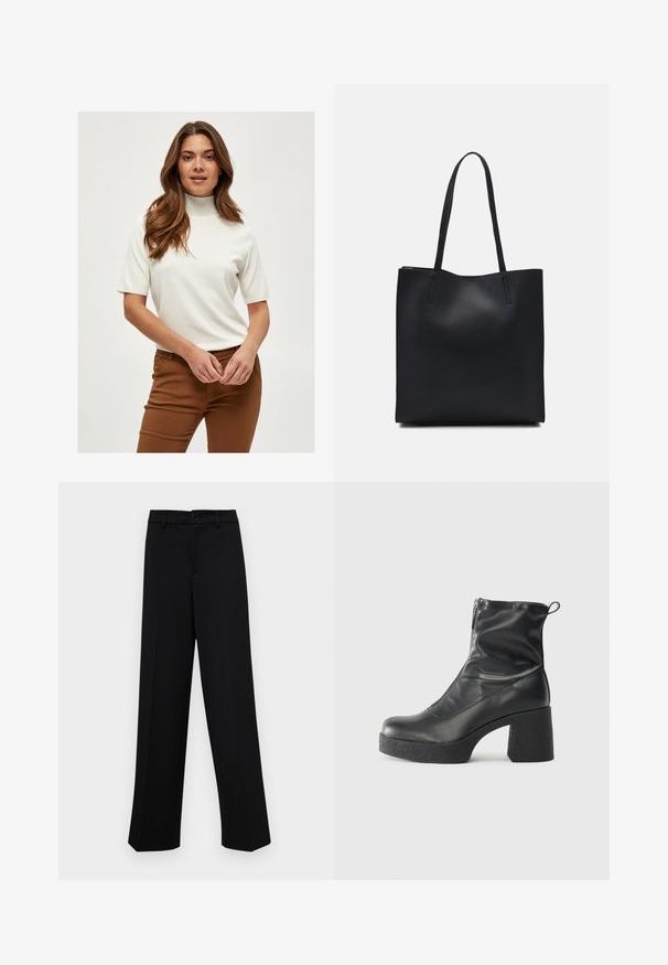 Pull à col roulé à manches courtes blanc en tissu doux, avec des détails côtelés au niveau du col et des manches, associé à un pantalon marron.; Pantalons larges noirs en tissu lisse, avec une taille classique à fermeture à bouton et des plis sur le devant.; Bottes noires à la cheville en cuir lisse, dotées d'une fermeture éclair sur le côté, d'un talon épais texturé et d'une conception à bout rond.; Sac fourre-tout en cuir noir avec une texture lisse, de forme rectangulaire et deux longues poignées. Pas de matériel ou d'ornementations visibles.