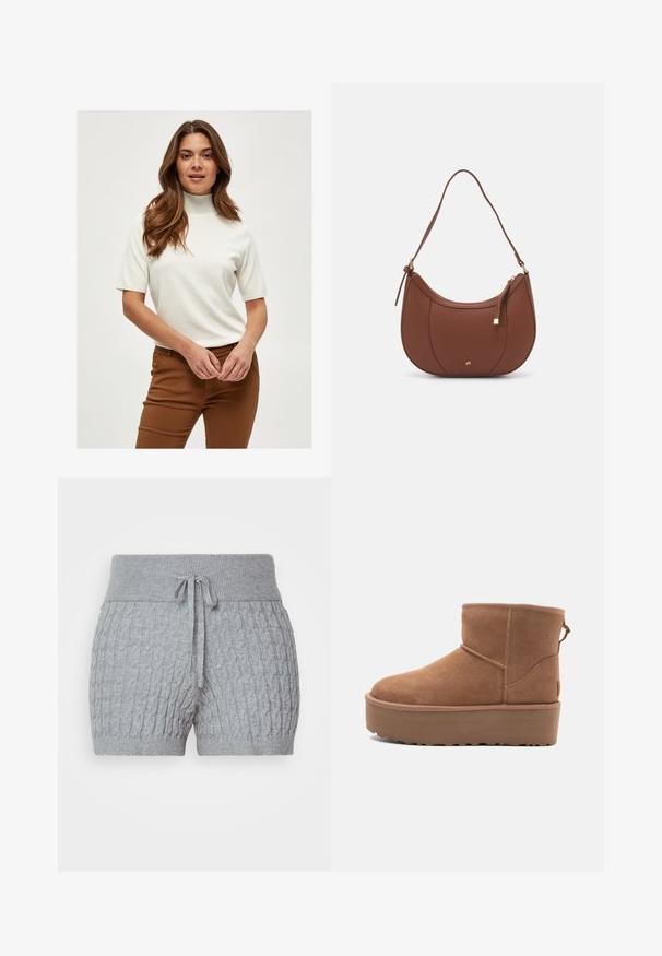 Pull à col roulé à manches courtes blanc en tissu doux, avec des détails côtelés au niveau du col et des manches, associé à un pantalon marron.; Shorts en maille grise avec un design texturé, dotés d'une taille côtelée et d'un cordon de serrage ajustable. Longueur courte, tissu doux.; Bottine en suède tan avec une semelle plate-forme, un bout arrondi et des accents de couture ; elle est dotée d'une languette à l'arrière pour un enfilage facile.; Sac à épaule en faux cuir brun, de forme arrondie, avec des coutures minimales et un accent en matériel doré. Il possède une fermeture zippée sur le dessus et une sangle réglable.