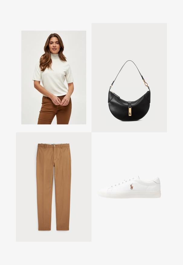 Maglione bianco a maniche corte con collo a dolcevita realizzato in un tessuto morbido, con dettagli a coste sul collo e sulle maniche, abbinato a pantaloni marroni.; Pantaloni in cotone marrone con un design slim-fit, frontale piatto e tasche standard; texture liscia e orli rifiniti.; Sneakers in pelle bianca, design low-top, caratterizzati da una texture liscia, punta rotonda, chiusura con lacci e un piccolo logo ricamato sul lato.; Borsa a tracolla nera in pelle a forma di mezzaluna. Presenta un accento in metallo dorato e una tracolla sottile. Tessuto liscio, chiusura a cerniera nella parte superiore.