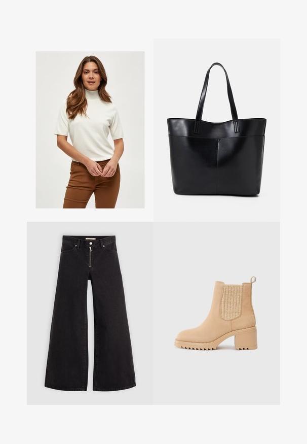 White short-sleeve turtleneck sweater made from a soft fabric, featuring ribbed detailing on the collar and sleeves, paired with brown pants.; Wide-leg jeans in black denim with a zippered front, five-pocket design, and subtle stitching details. Smooth texture and casual style.; Beige ankle boot with a textured knit panel, rounded toe, and a chunky block heel. Features a ridged sole for better traction.; Black leather tote bag with two long handles, a smooth texture, and a structured shape. Features a front pocket for additional storage.
