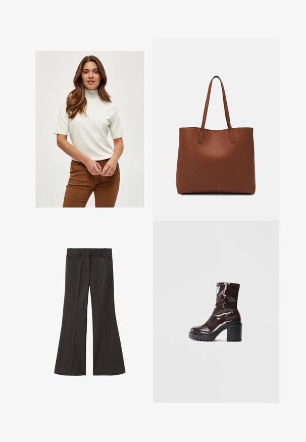 Weißer kurzärmeliger Rollkragenpullover aus einem weichen Stoff, mit gerippten Details am Kragen und den Ärmeln, kombiniert mit braunen Hosen.; Schwarze, weit geschnittene Hosen mit hoher Taille; verfügt über zwei Fronttaschen und eine glatte Stoffoberfläche. Geeignet für verschiedene Anlässe.; Glatte bordeauxrote Ankle Boots mit einem klobigen schwarzen Absatz, die eine glatte Oberfläche und ein einfaches Design aufweisen. Keine sichtbaren Verschlüsse oder Muster.; Braune Leder-Tote mit glatter Textur, offenem Oberteil und zwei Schulterriemen. Verfügt über minimale Nähte und keine sichtbaren Beschläge.
