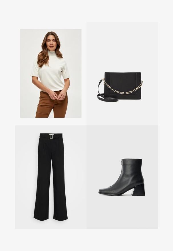 Maglione bianco a maniche corte con collo a dolcevita realizzato in un tessuto morbido, con dettagli a coste sul collo e sulle maniche, abbinato a pantaloni marroni.; Pantaloni neri a gamba larga realizzati in tessuto leggero, caratterizzati da una texture liscia, pieghe frontali e una cintura con fibbia metallica quadrata.; Stivaletto in pelle nera con punta quadrata, cerniera laterale e tacco squadrato su sfondo chiaro uniforme.; Borsa a tracolla nera in pelle con una texture liscia, forma rettangolare e dettaglio in catena metallica sul davanti. Inclusa una tracolla regolabile.